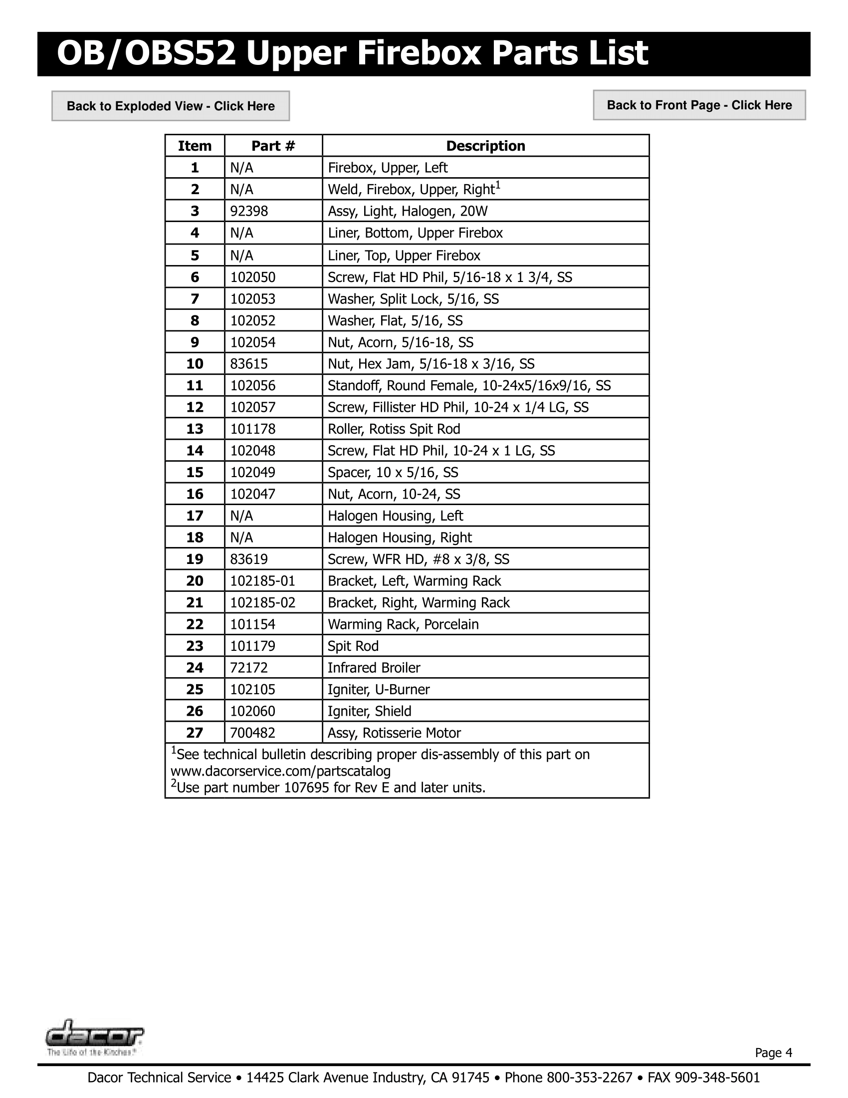 Dacor OBS52 Upper Firebox Assembly Parts