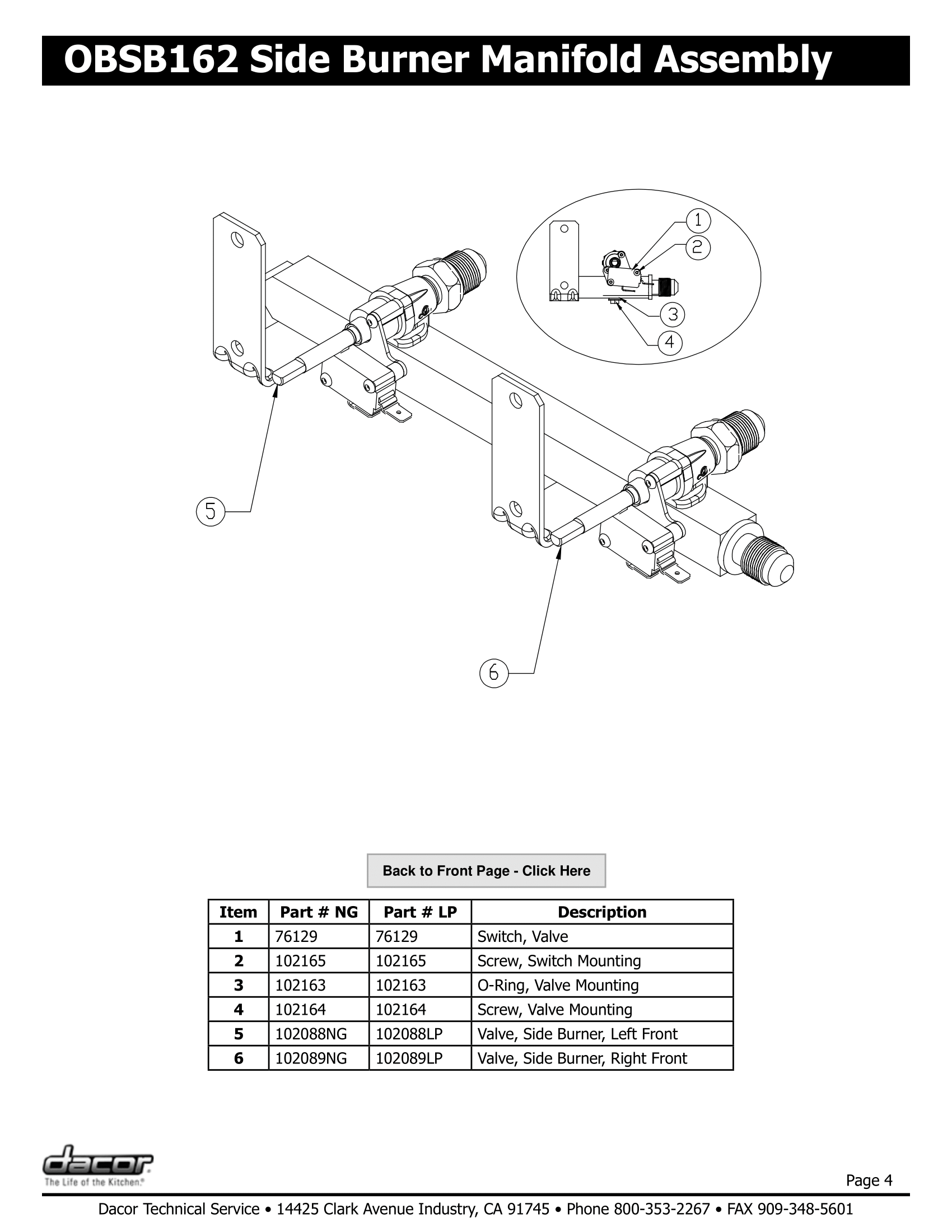 Dacor OBSB162 Manifold Assembly Schematic