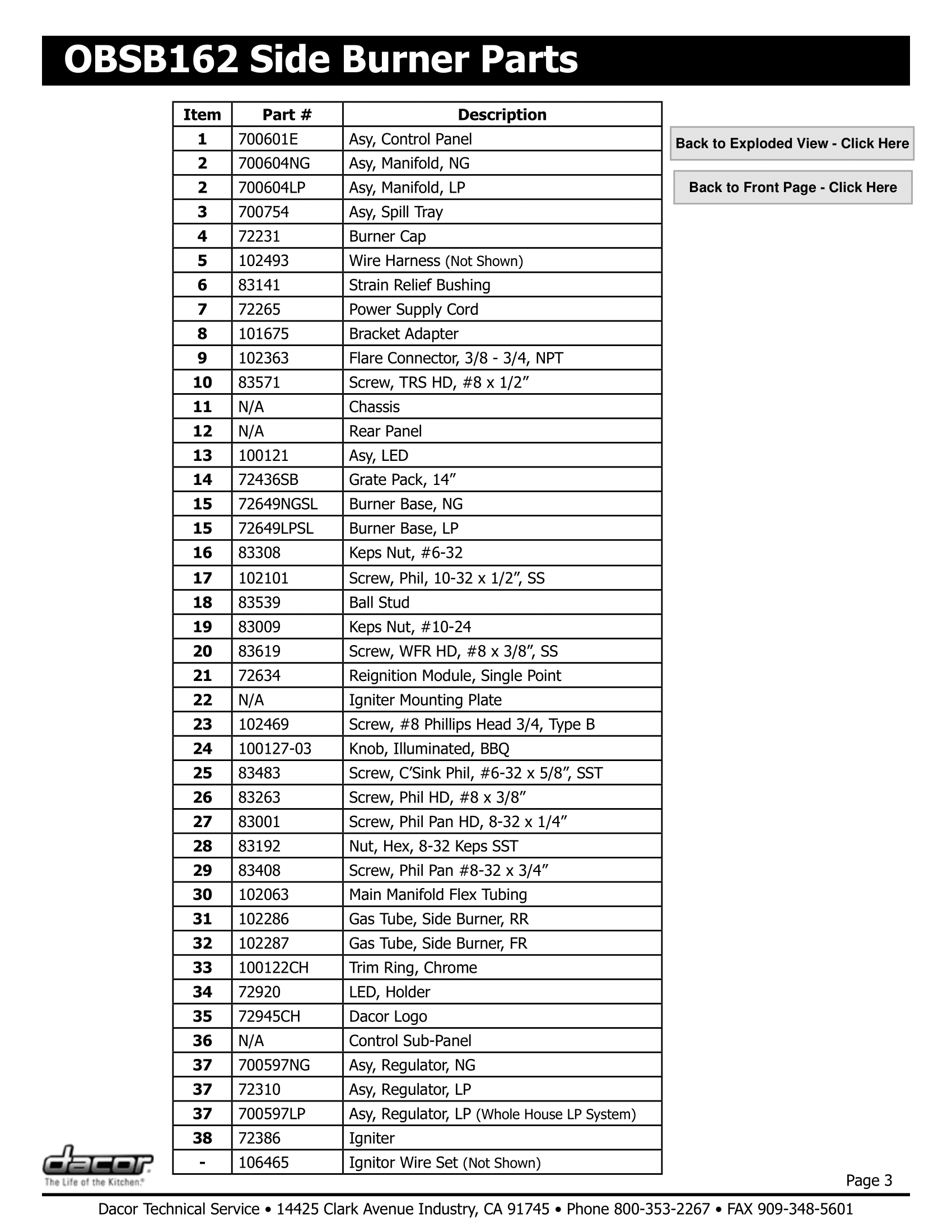 Dacor OBSB162 Assembly Parts List