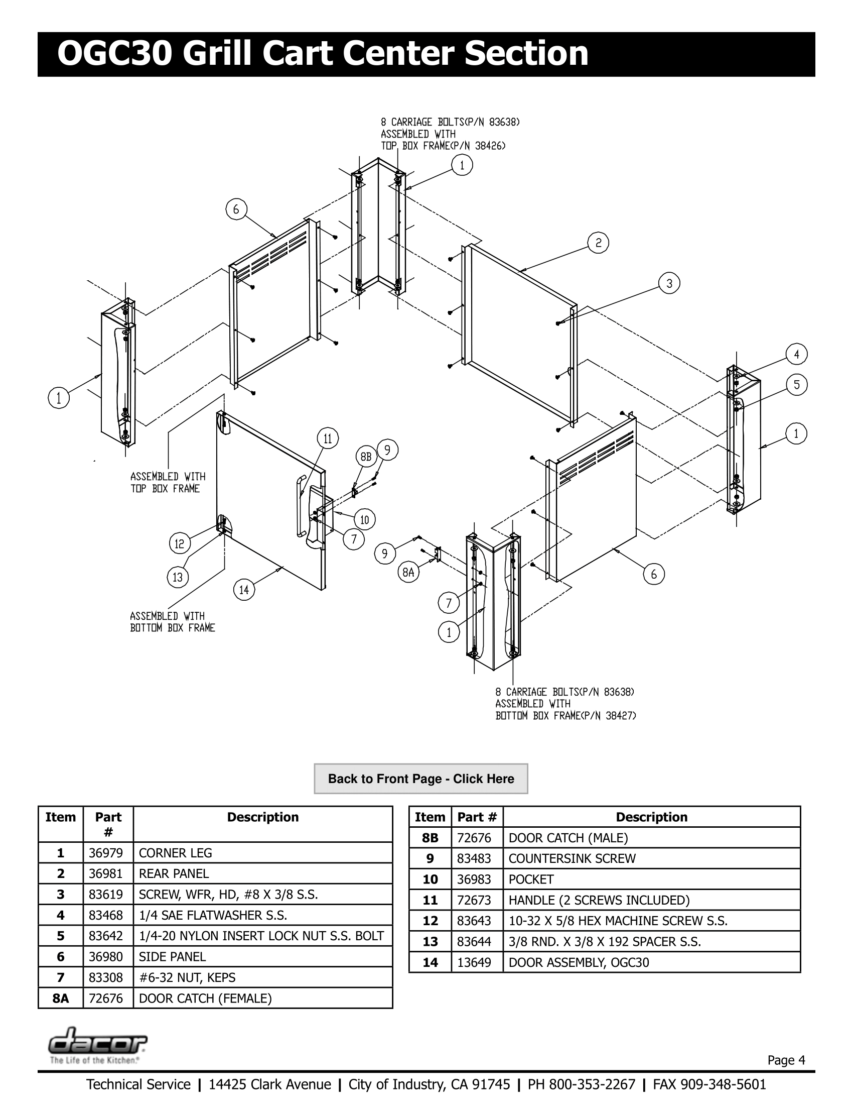 Dacor OGC30 Center Section Schematic