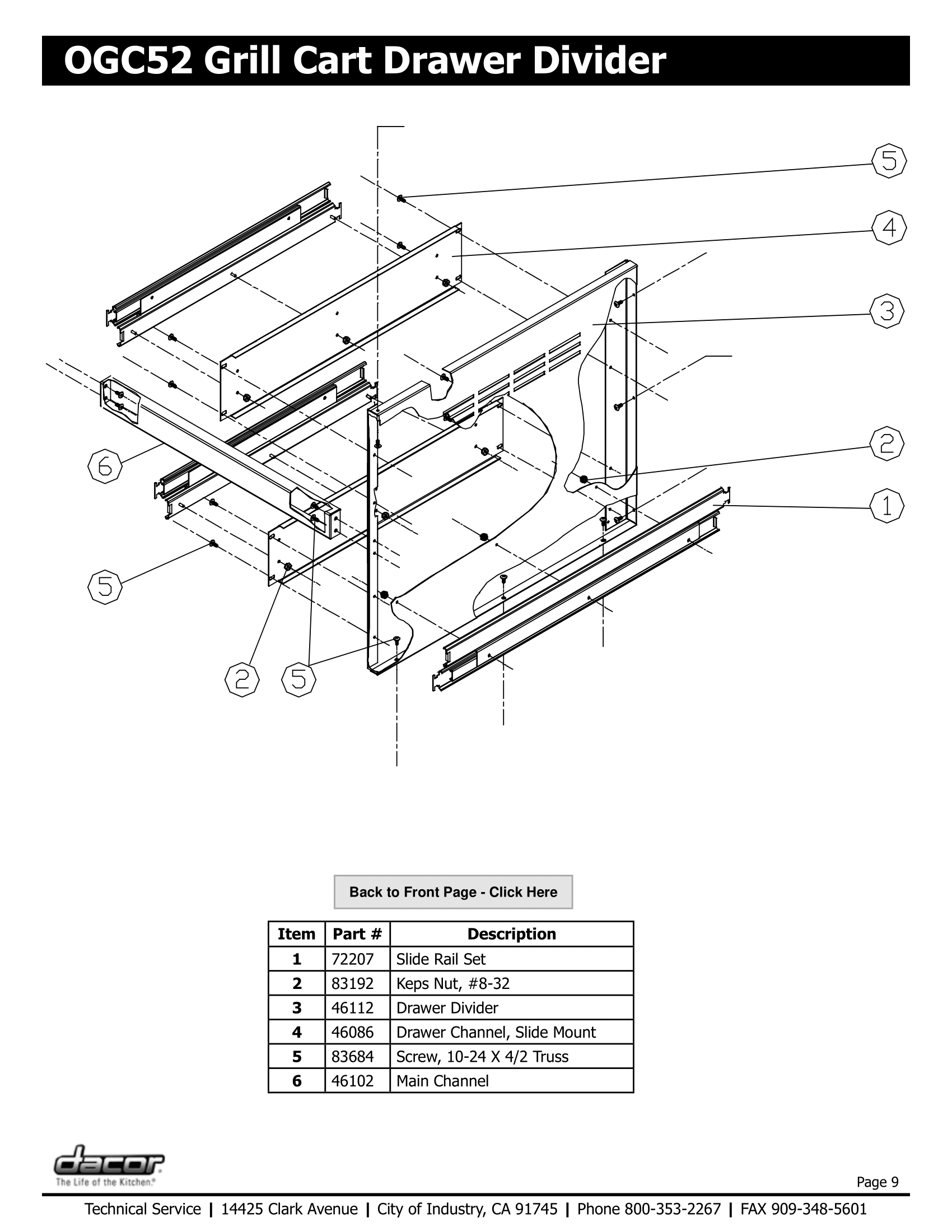 Dacor OGC52 Drawer Divider Schematic