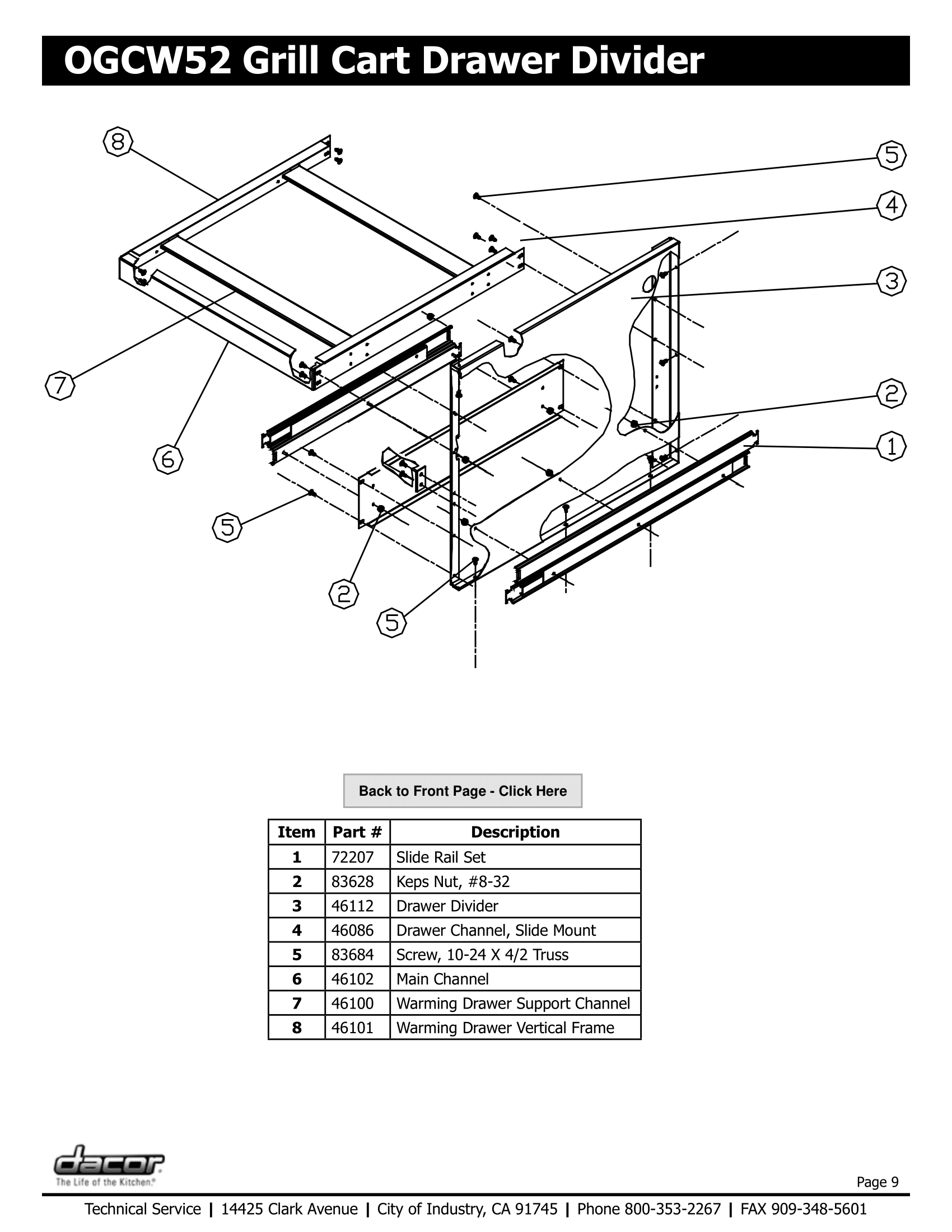 Dacor OGCW52 Drawer Divider Schematic