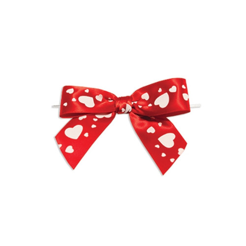 Pre-Tied Satin Twist Tie Bows - Red with Hearts