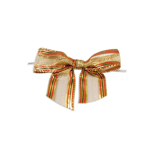 Pre-Tied Twist Tie Bows - Metallic Gold with Red/Green Stripes