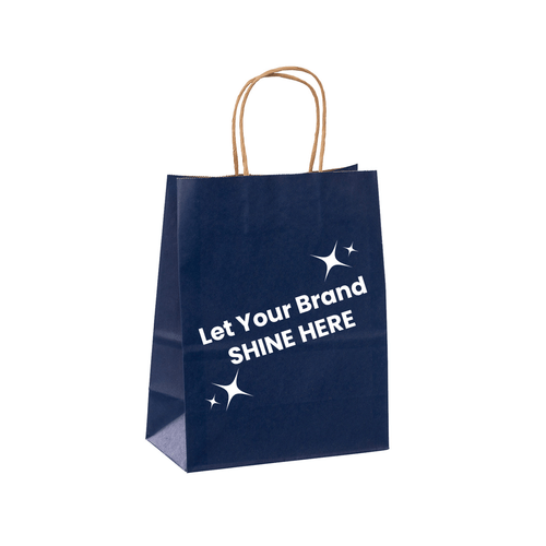 Branded Navy Blue Paper Bags - 8" x 4" x 10"  - 250 Bags