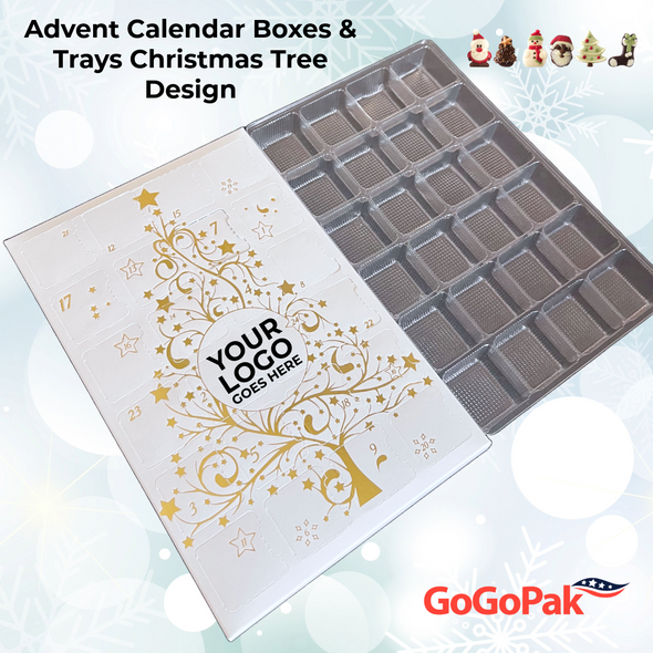 MADE IN USA - 500 Custom Printed Sets (Boxes & Trays) - Fillable (Empty) Advent Calendar Boxes - Gold Metallic Tree MADE IN USA - 500 Custom Printed Sets (Boxes & Trays) - Fillable (Empty) Advent Calendar Boxes - Gold Metallic Tree