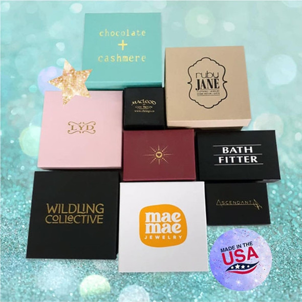 MADE IN USA - 100 Boxes - Custom Printed Natural Kraft Jewelry Boxes - 3-1/2" x 3-1/2" x 1-1/2" MADE IN USA - 100 Boxes - Custom Printed Natural Kraft Jewelry Boxes - 3-1/2" x 3-1/2" x 1-1/2"