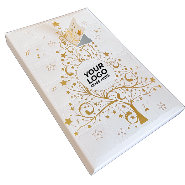 MADE IN USA - 100 Custom Printed Sets (Boxes & Trays) - Fillable (Empty) Advent Calendar Boxes - Gold Metallic Tree MADE IN USA - 100 Custom Printed Sets (Boxes & Trays) - Fillable (Empty) Advent Calendar Boxes - Gold Metallic Tree