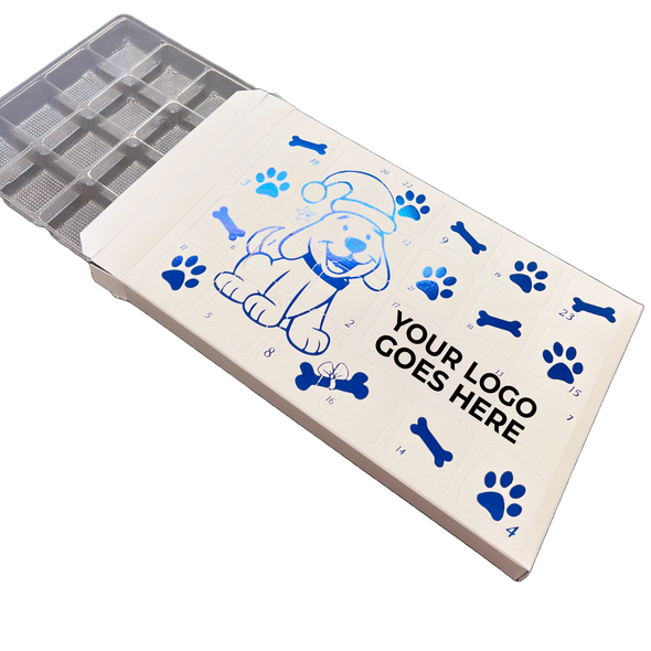 MADE IN USA - 100 Custom Printed Sets (Boxes & Trays) - Fillable (Empty) Advent Calendar Boxes - Blue Metallic Festive Dog MADE IN USA - 100 Custom Printed Sets (Boxes & Trays) - Fillable (Empty) Advent Calendar Boxes - Blue Metallic Festive Dog