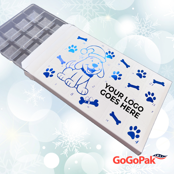 MADE IN USA - 100 Custom Printed Sets (Boxes & Trays) - Fillable (Empty) Advent Calendar Boxes - Blue Metallic Festive Dog MADE IN USA - 100 Custom Printed Sets (Boxes & Trays) - Fillable (Empty) Advent Calendar Boxes - Blue Metallic Festive Dog