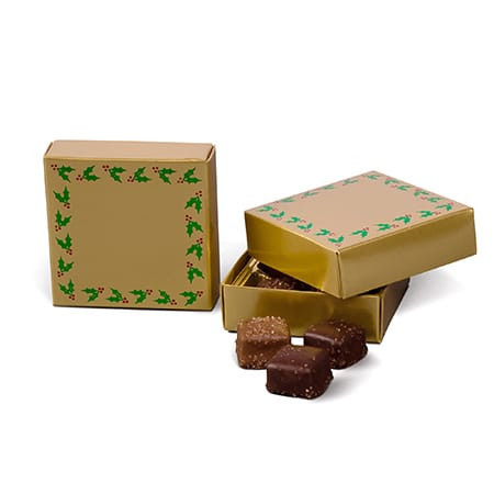 CLEARANCE - MADE IN USA - 50 Covers - 3 oz. Candy Box Covers - Gold with Holly Berry 3-11/16" x 3-11/16" x 1-1/8"