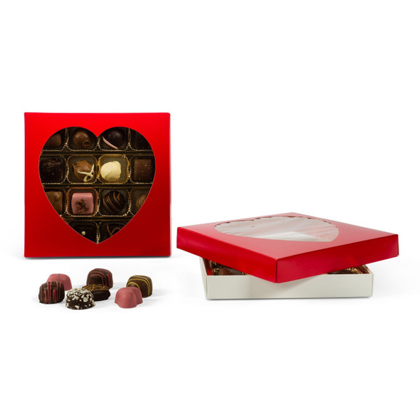CLEARANCE -MADE IN USA - 50 Covers - 16 oz. Candy Box Covers - Red with Heart Window - 7-3/4" x 7-3/4" x 1-1/8"