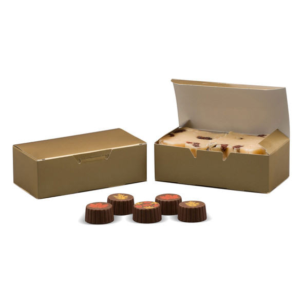 MADE IN USA - 50 Boxes 1/2 lb. Candy & Fudge Boxes - Gold 5-1/2" x 2-3/4" x 1-3/4"