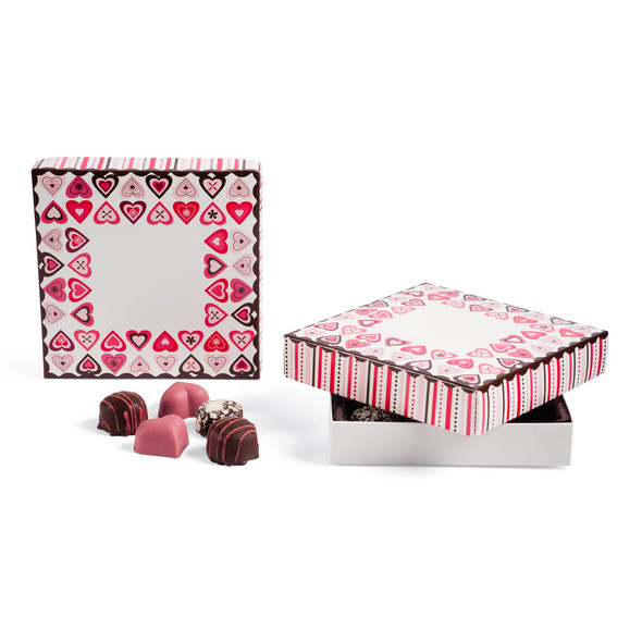 MADE IN USA -  50 Boxes - 8 oz. Candy Box Covers - Lovey Hearts - 5-3/4" x 5-3/4" x 1-1/8"