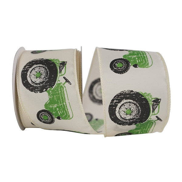 Green Tractor Holiday Wired Ribbon