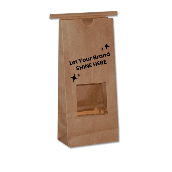 Branded Window Coffee - Cookie Tin Tie Bags - 1 lb. Kraft - 4-1/4" x 2-1/2"x 9-3/4" - 100 Bags/Case