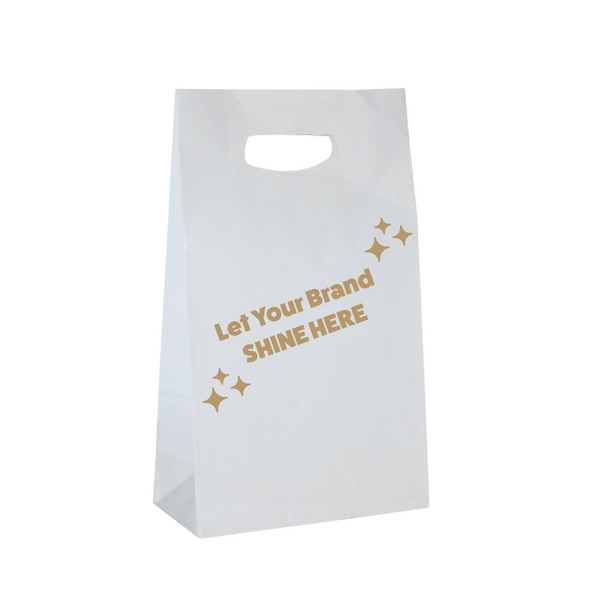 100 Bags - Branded White Gloss Accessory Bags - 8" x 4" x 13-5/8"
