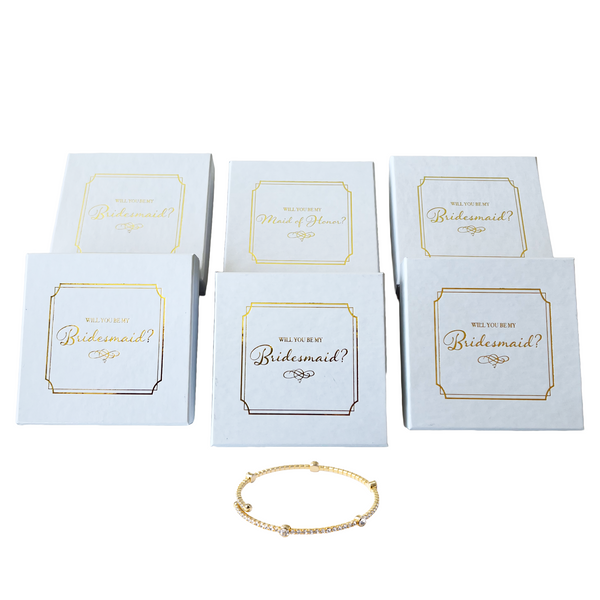 6 White Gloss Jewelry Boxes with 5 Bridesmaid Proposal & 1 Maid of Honor Proposal Boxes Luxuriously Printed in Gold Foil. Filled with Cotton for Protection.  Made in USA - 3.5" x 3.5" x 7/8" each