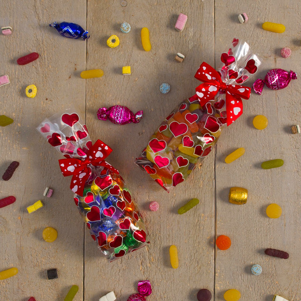 MADE IN USA - 50 Bags - 1 lb. - 2.5 Mil Foil Accented Soft Bottom Cello Bags - Red Hearts