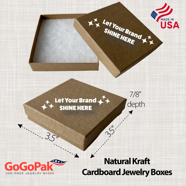 Made in & Ships from USA - 100 Boxes - Custom Printed Natural Kraft Jewelry Boxes - 3-1/2" x 3-1/2" x 7/8"