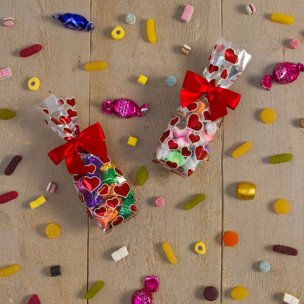 MADE IN USA - 50 Bags - 1/2 lb. - 2.5 Mil Foil Accented Soft Bottom Cello Bags - Hearts