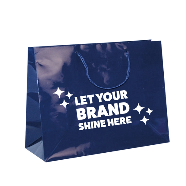 100 Bags - Custom Printed Navy Blue Gloss Laminated Euro Paper Bags - 13" x 5" x 10"