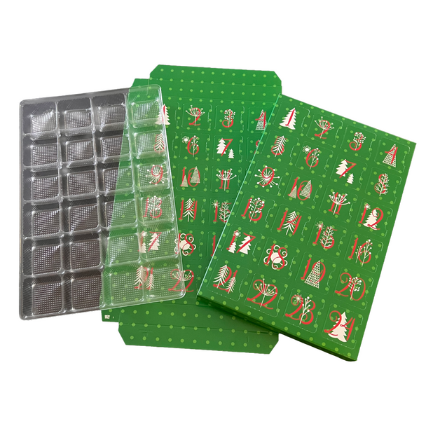 MADE IN USA - 10 Sets (Boxes & Trays) - Fillable (Empty) Advent Calendar Candy Boxes- Green Cheer