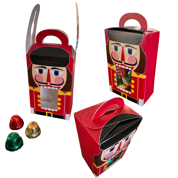 CLEARANCE - MADE IN USA - 50 Boxes - Candy Totes - 1/2 lb. Wrapped Nutcracker - Window 3-1/2" x 2-1/16" x 5-3/8"