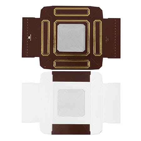 CLEARANCE - MADE IN USA - 50 Covers - 3 oz. Candy Box Covers - Brown with Gold & Window 3-11/16" x 3-11/16" x 1-1/8"