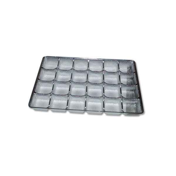 CLEARANCE-MADE IN USA - 50 Trays - 1 lb. Plastic Candy Trays 24 Cavities - Silver - 9-3/8" x 6" x 15/16"