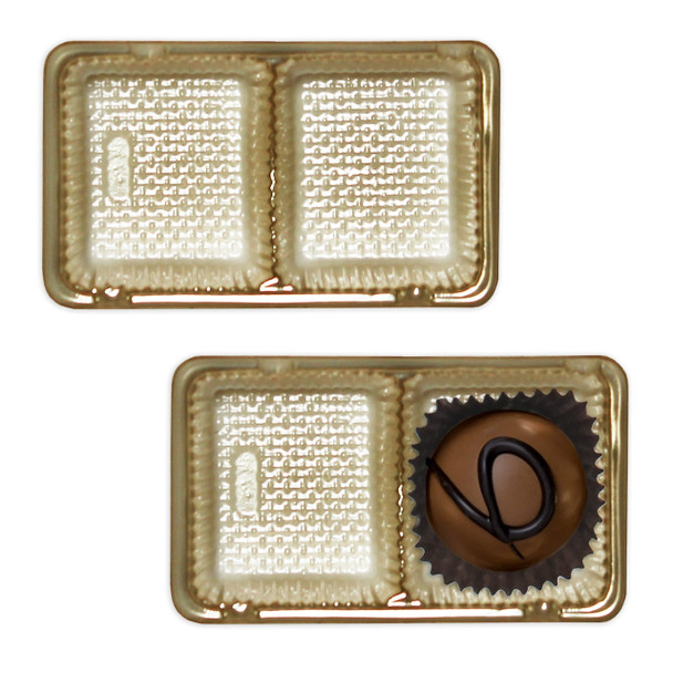 CLEARANCE-MADE IN USA - 50 Trays - 2 oz. Ballotin Plastic Candy Tray Gold - 2 Cavities 2-15/16" 1-3/4" x 7/8"