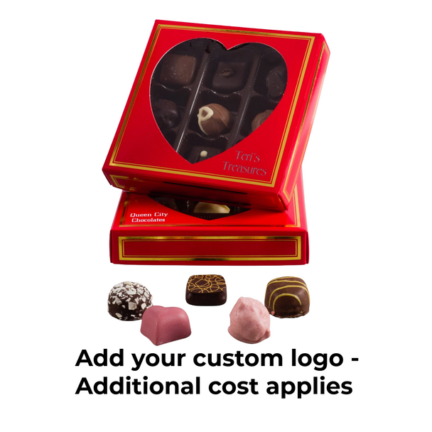 MADE IN USA -  50 Boxes - 8 oz. Candy Box Covers - Red/Gold & Heart Window - 5-3/4" x 5-3/4" x 1-1/8"