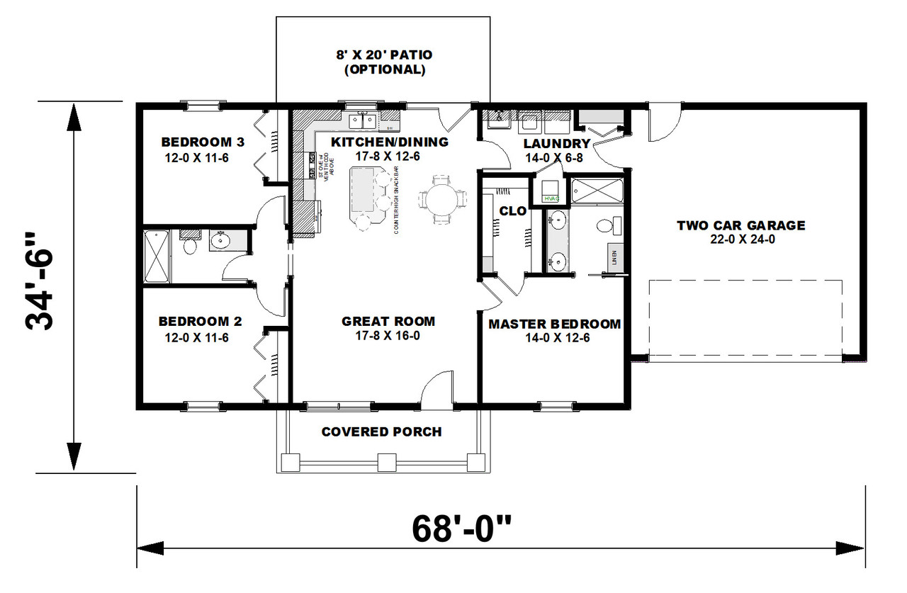Ranch House Plan - 53526 - 1st Floor Plan