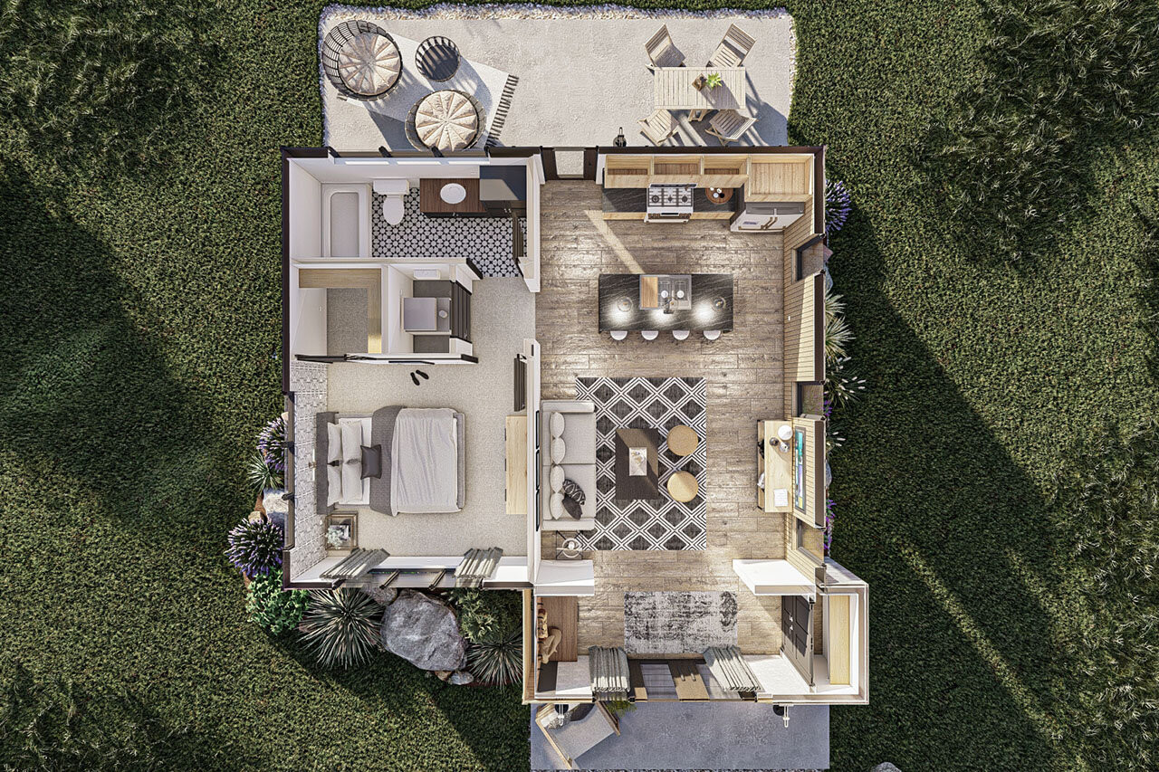 Modern Style ADU House Plan Cedar Hollow Aerial First Floor Plan - 
