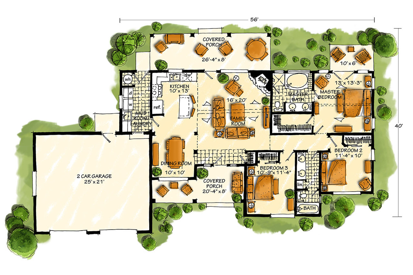 Ranch House Plan - Cherokee II 92799 - 1st Floor Plan