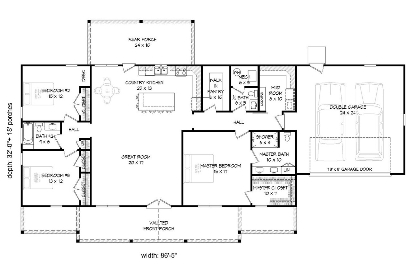 Ranch House Plan - Bison Path w/Garage 81320 - 1st Floor Plan