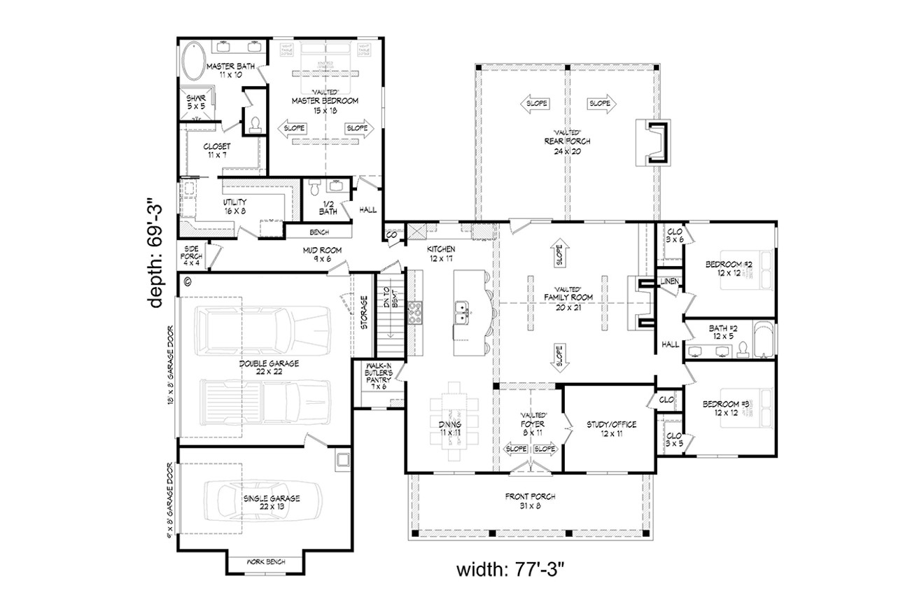 Farmhouse House Plan - Windward Farmhouse 56993 - 1st Floor Plan