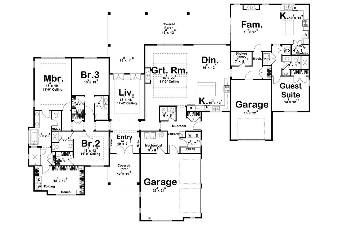 Farmhouse House Plan - Pigford Farms 60881 - 1st Floor Plan