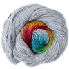 A pale grey "cloudy" sky is the background for this rainbow of red, yellow, blue and green.  Hand-dyed by Wonderland Yarns, available on your choice of yarn base. Made in America.
