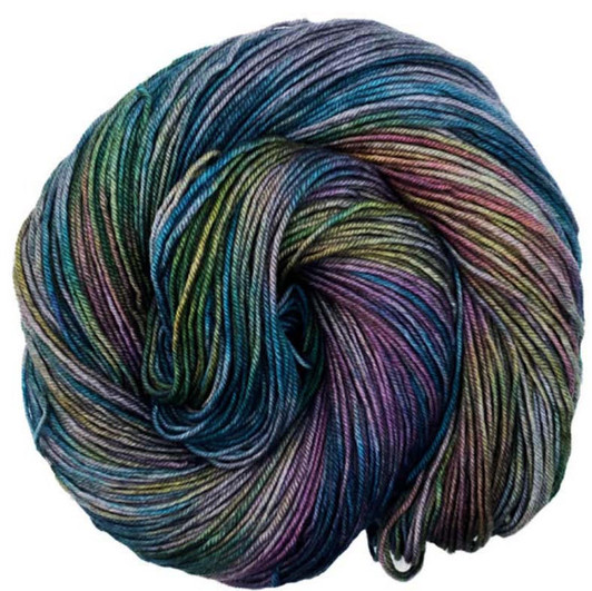 A medium charcoal yarn with a deep, moody spectrum of many colors is available on your choice of hand dyed yarn bases. Made by Wonderland Yarns in Vermont.