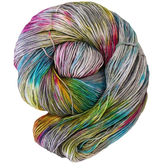 A pale grey yarn has splashes of rainbow colors to create this complex colorway. Available in your choice of yarn bases. Hand-dyed by Wonderland Yarns in the USA.