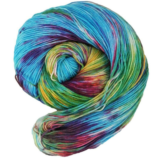A turquoise blue is splashed with every color in the rainbow for this complex hand-dyed colorway by Wonderland Yarns, available in your choice of yarn bases. Made in the USA.