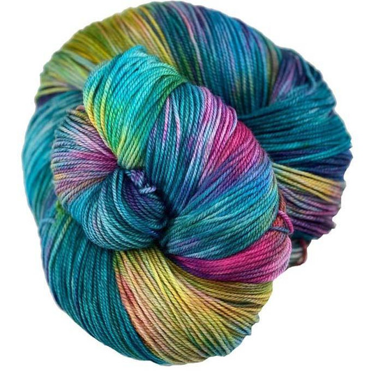 A dark teal accented with bright pink and yellow from the Opposite of Boredom collection by Wonderland Yarns. Hand-dyed to order on a variety of bases. Made in Vermont.