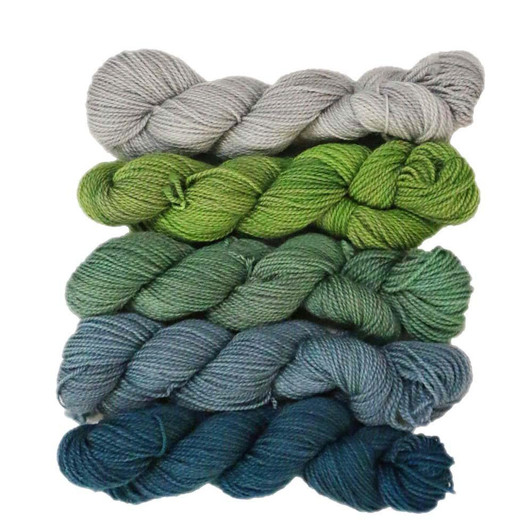 Cause Everyone Likes It is a collection of five coordinating mini-skeins in a dark dusty blue, a gray-blue, a blue-green, lime green, and light gray. Hand-dyed by Wonderland Yarns in Vermont.