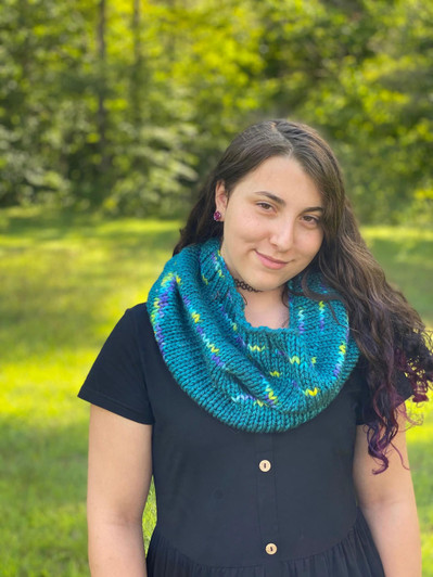 Colorburst "Cheater Stripe" knit cowl in LYS Day colorway.