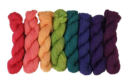 Stuff & Nonsense is a bold and vibrant collection of 8 mini skeins featuring rainbow shades. Hand-dyed in Vermont by Wonderland Yarns.