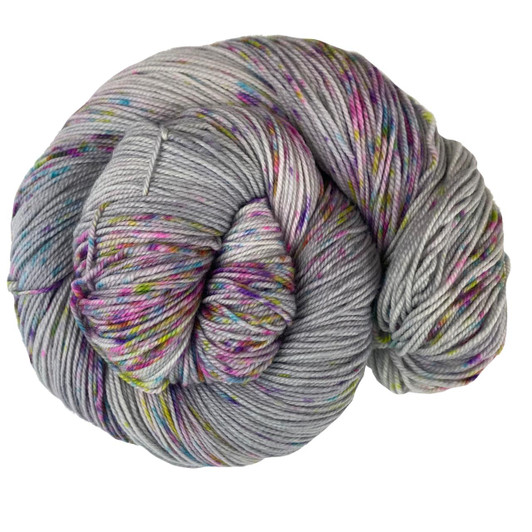 Cobweb, a light grey base featuring a pastel rainbow of speckles.  from the Enchanted Garden Collection by Wonderland Yarns. Dyed to order. Available on multiple bases.