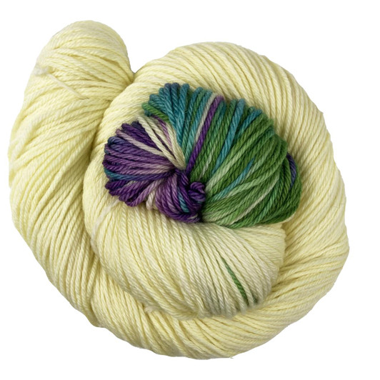 Soaking Up the Sunshine, a light spring yellow with a bold burst featuring green, blue and purple.  from the Colorburst Collection by Wonderland Yarns. Dyed to order. Available on multiple bases.
