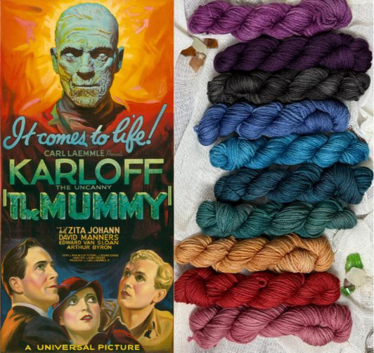 Drawing from vintage movie posters and the eerie elegance of 1930s horror, these 1 oz hand-dyed hues unravel a tale of ancient curses, forgotten tombs, and golden age suspense.