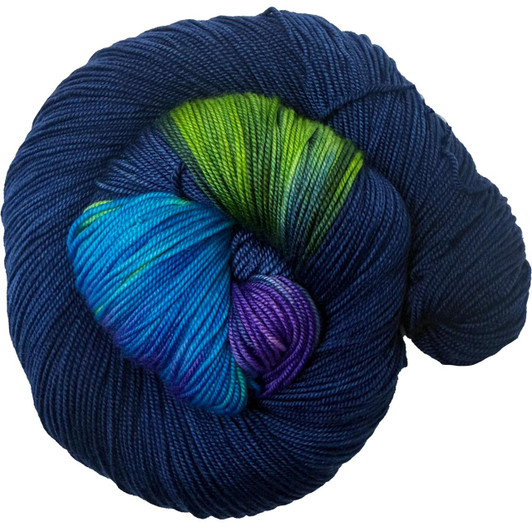 A colorburst with a dark blue base, featuring a bold burst of lime, electric blue and purple

Hand-dyed by Wonderland Yarns in Brattleboro, VT.